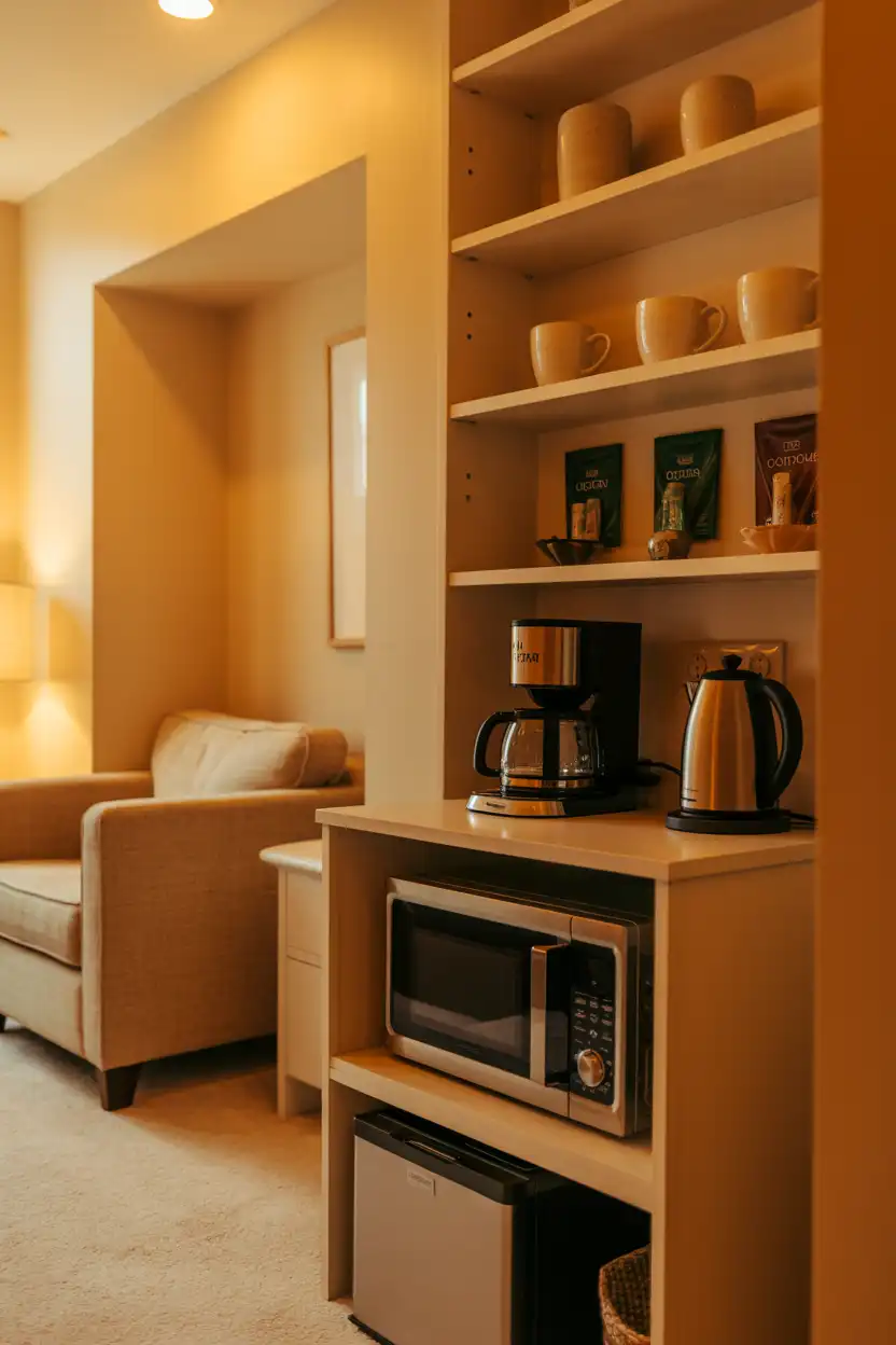 Basement Coffee Bar with Microwave for Guests