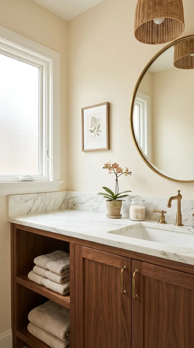 Warm Wood Vanity With Brass Hardware