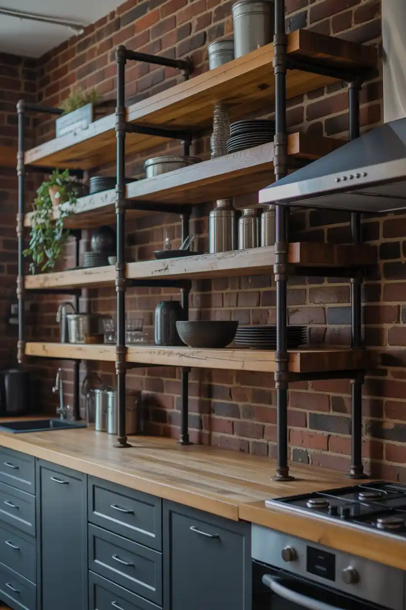 Black Metal Open Shelving in an Industrial Kitchen