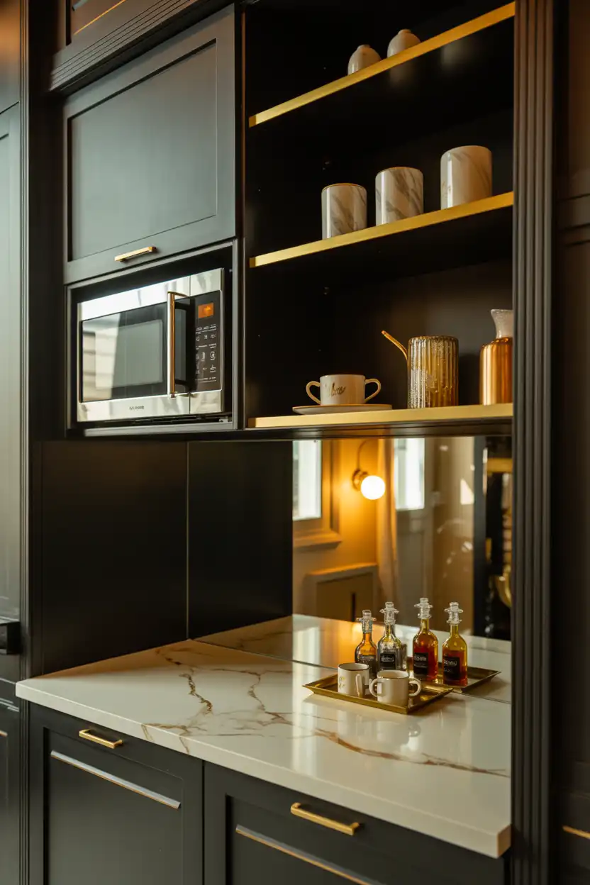 Black and Gold Glam Coffee Bar with Hidden Microwave