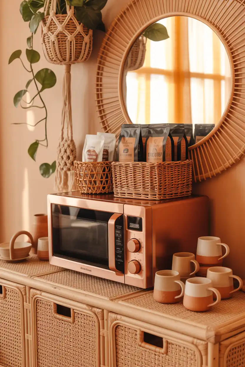 Boho Coffee Bar with Woven Baskets and Microwave
