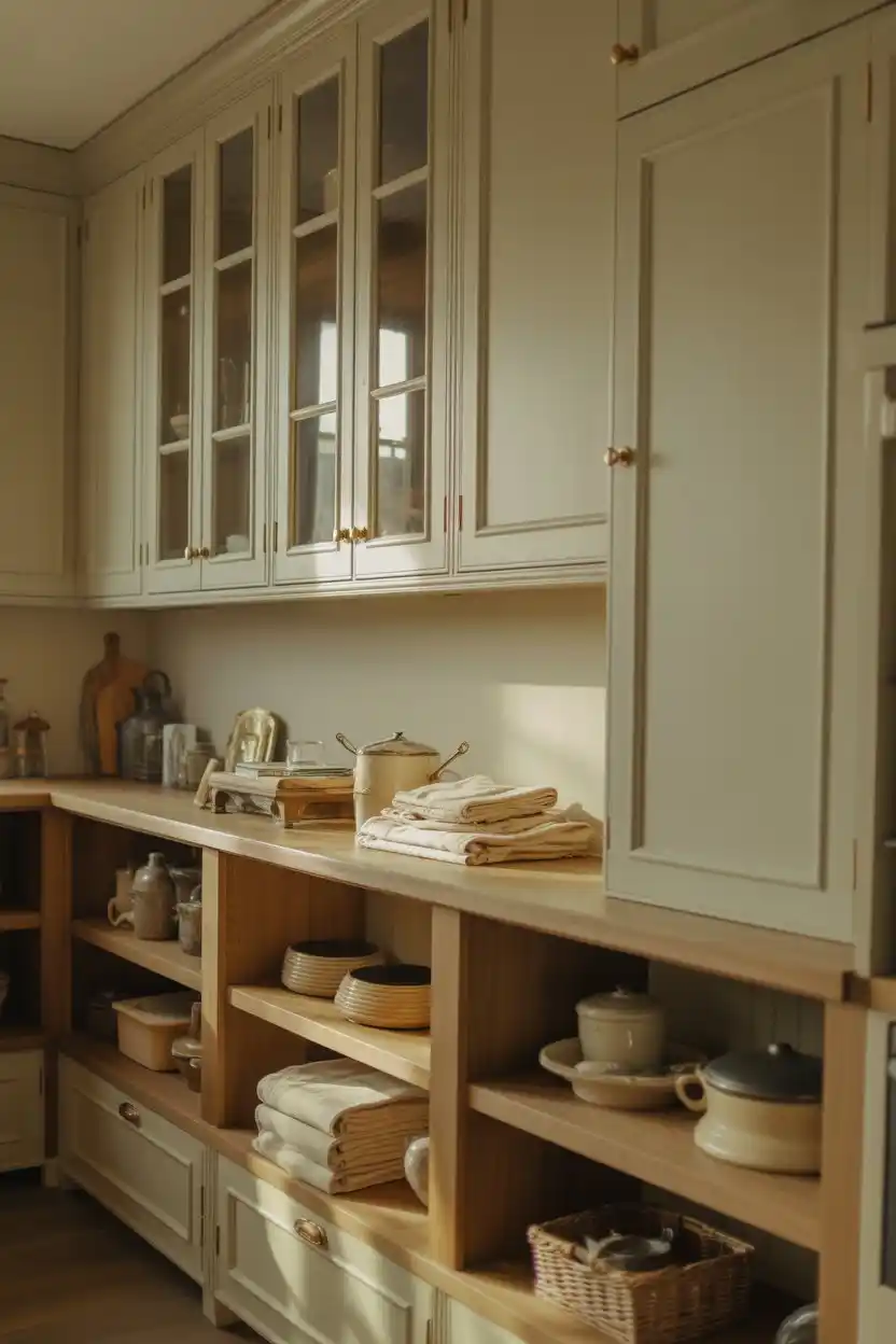 Closed Cabinets with Glass Uppers and Open Lowers