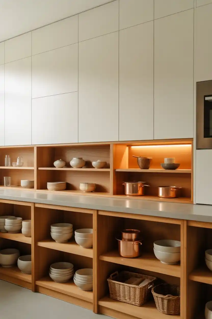 Closed Upper Cabinets, Open Lower Shelving