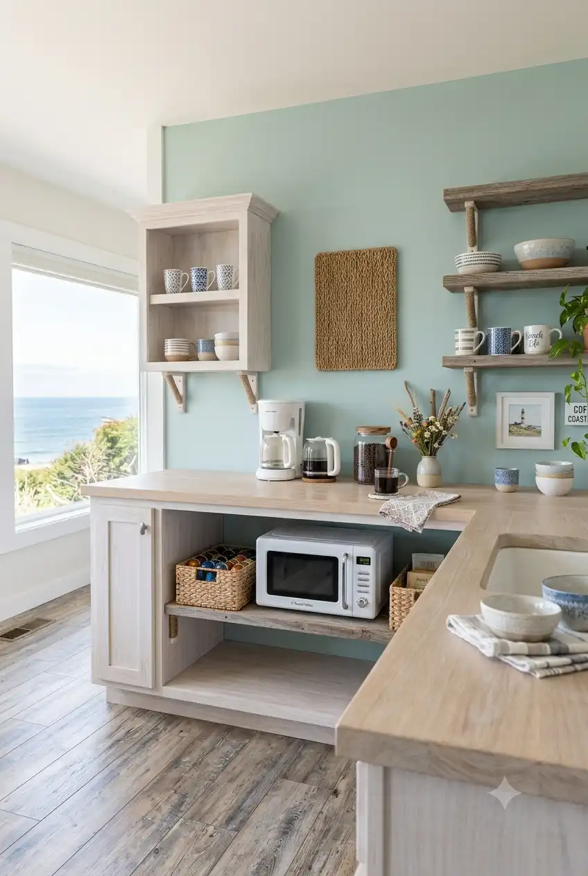 Coastal Coffee Bar with Microwave and Open Shelving