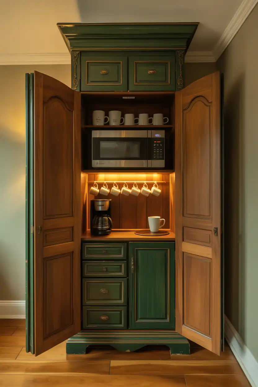 Coffee Bar Armoire with Concealed Microwave