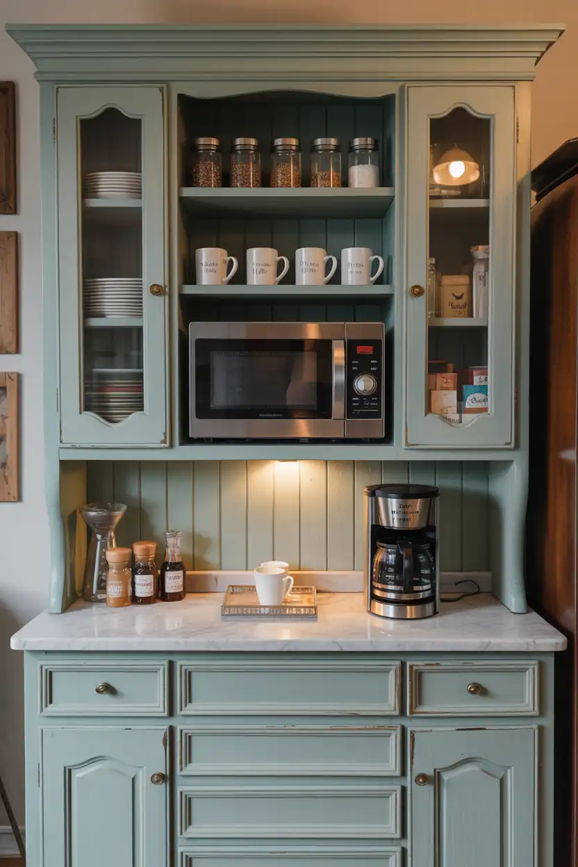 Coffee Bar Hutch with Microwave Shelf and Storage