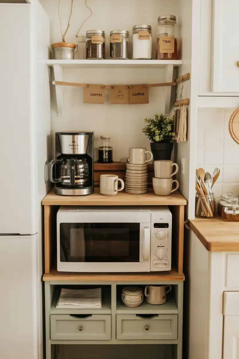 Compact Corner Coffee Bar with Built-In Microwave Shelf