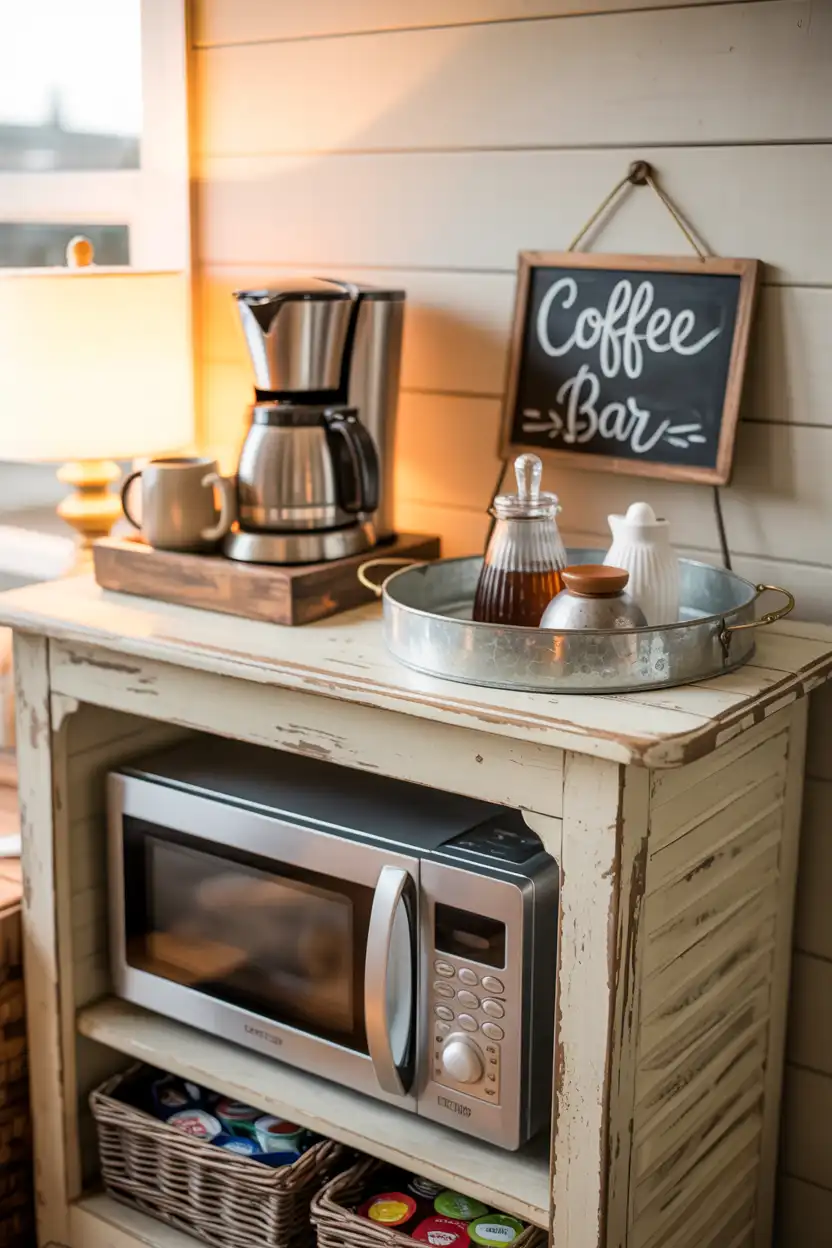 Farmhouse Coffee Bar Cart with Microwave Cubby