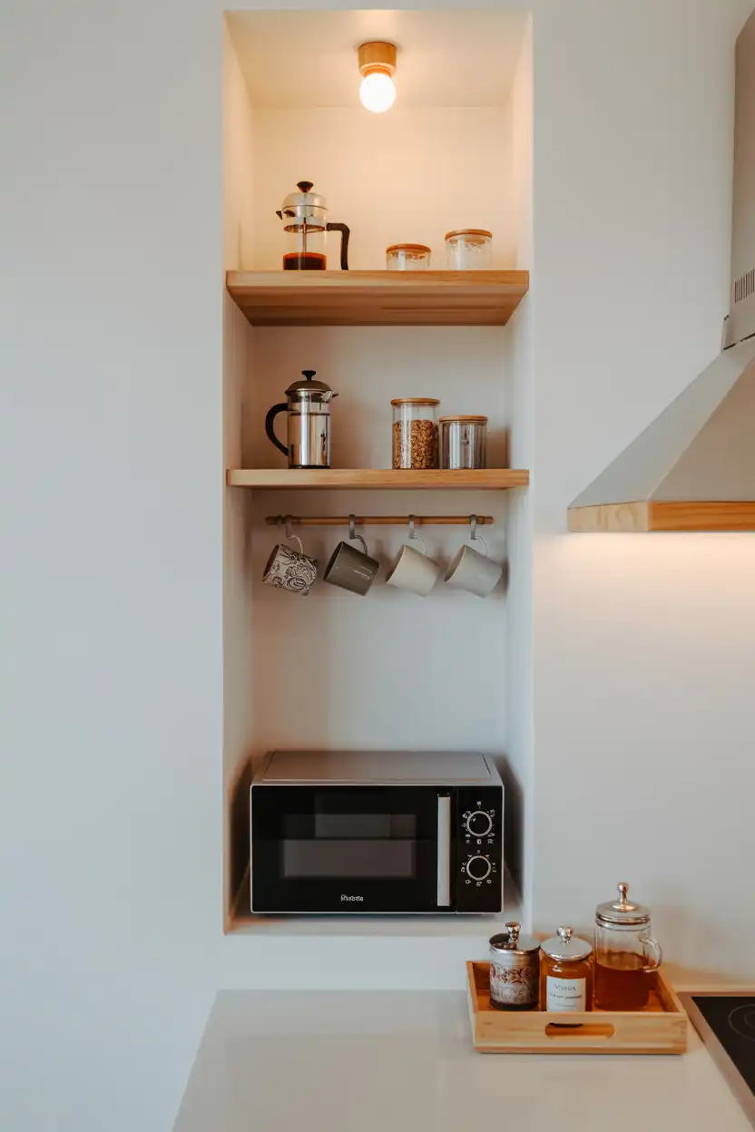 2. Floating Shelf Coffee Station with Microwave Nook