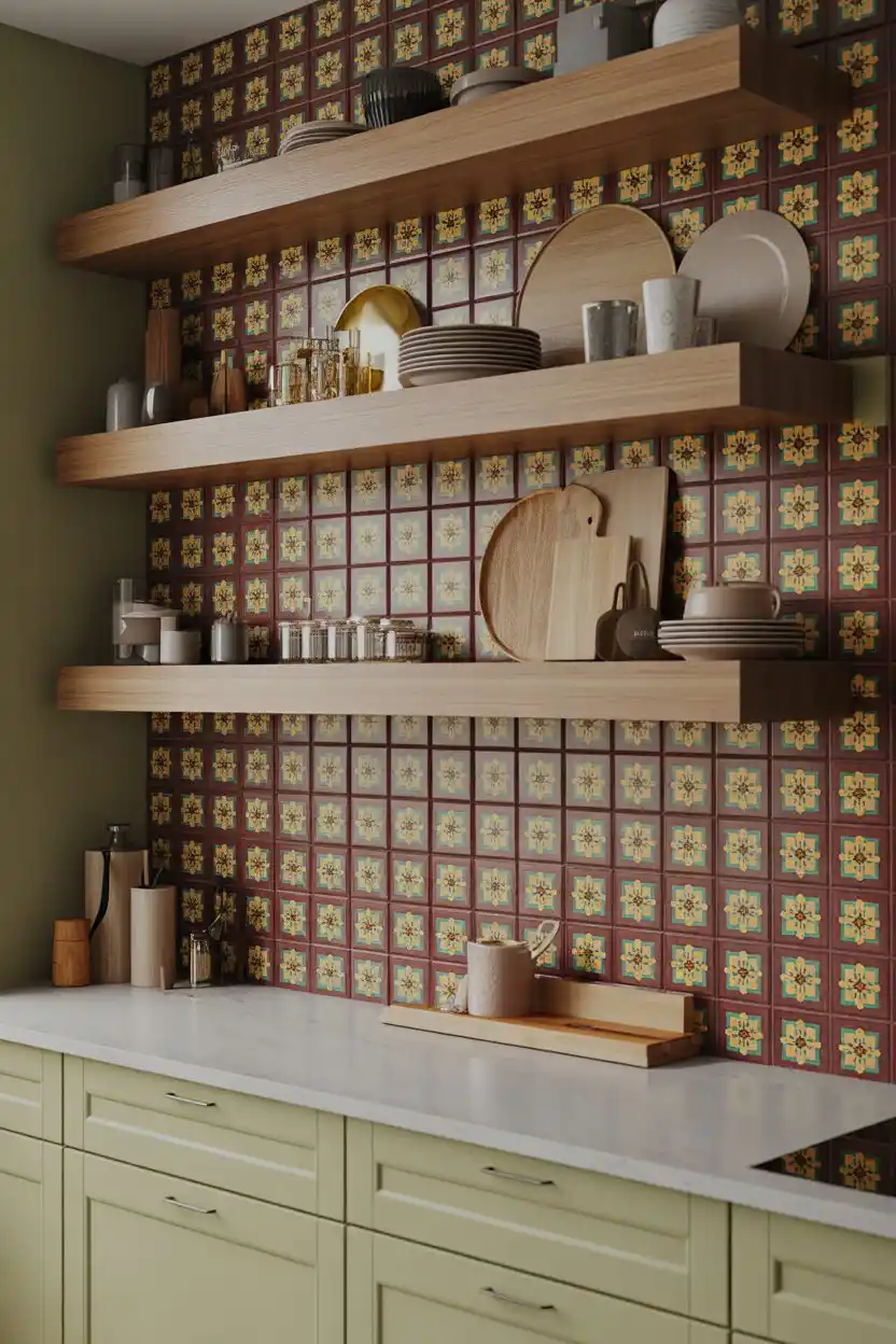 Floating Wood Shelves Against a Tile Backsplash