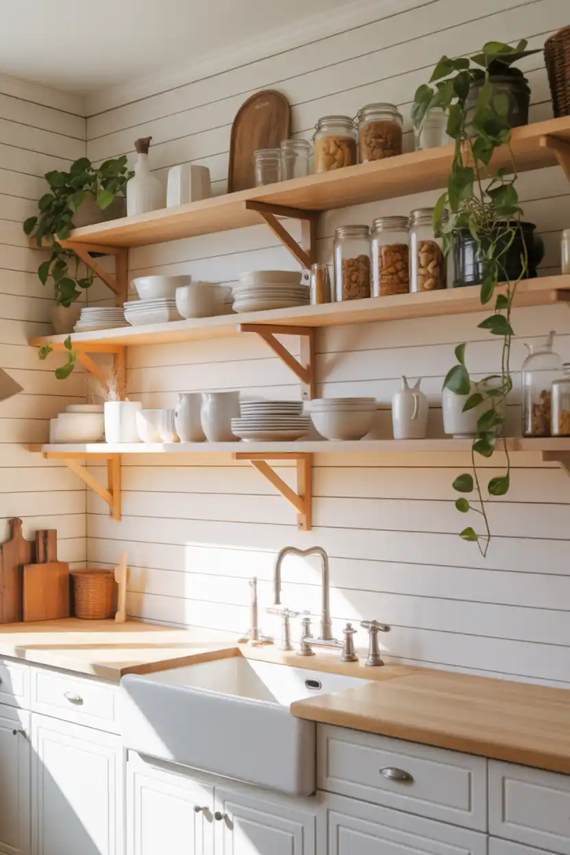 Full Open Shelving for an Airy Farmhouse Kitchen