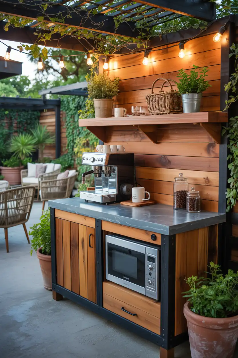 Outdoor Patio Coffee Bar with Weatherproof Microwave Cabinet