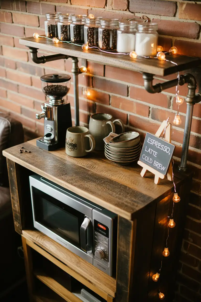 Rustic Wood Coffee Bar with Microwave Stand