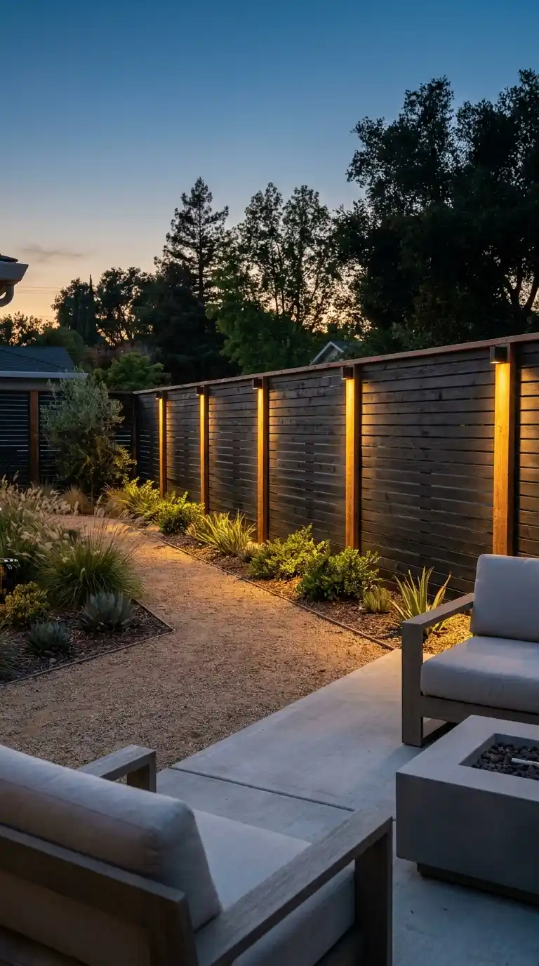 Stained Horizontal Batten Fence With Integrated Lighting