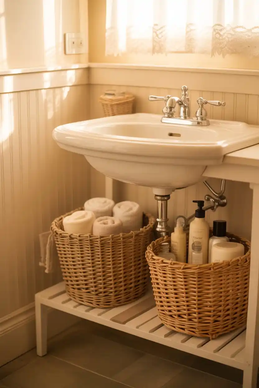 Woven Baskets Under a Pedestal Sink