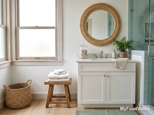 a beach bathroom with natural textures