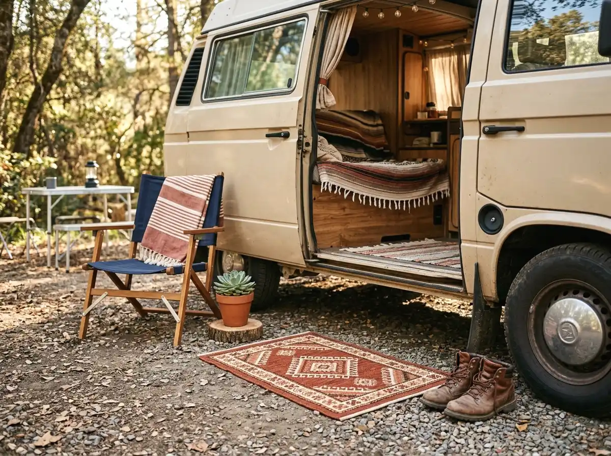 a boho doormat at the van entrance