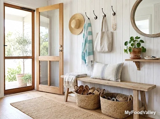 a boho entryway with sandy-shoe storage