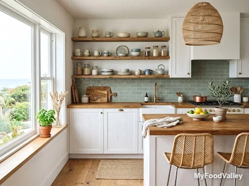 a boho kitchen with open shelves and handmade ceramics
