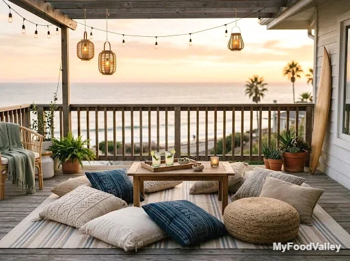a boho outdoor deck with floor cushions