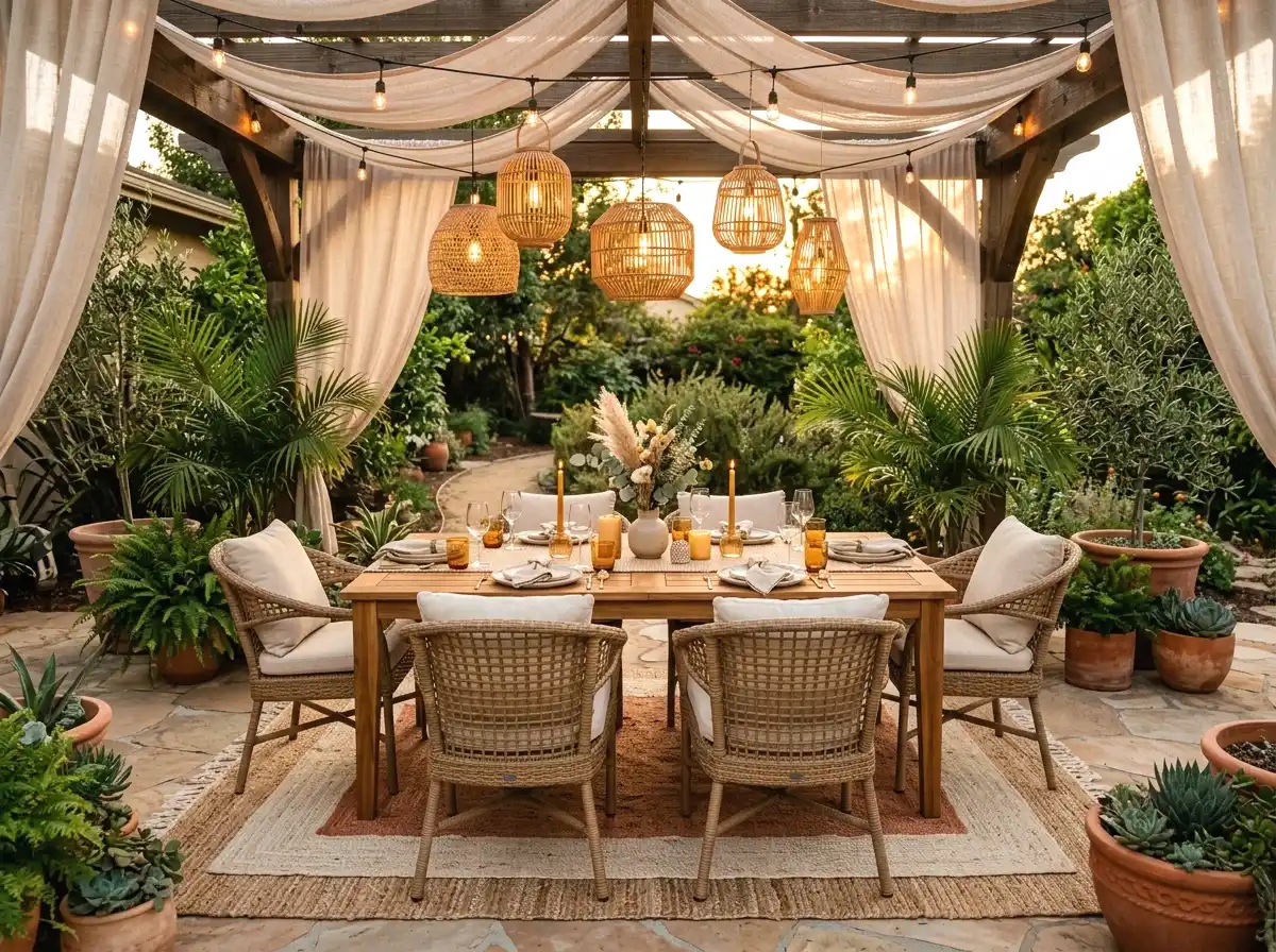 a boho outdoor dining patio