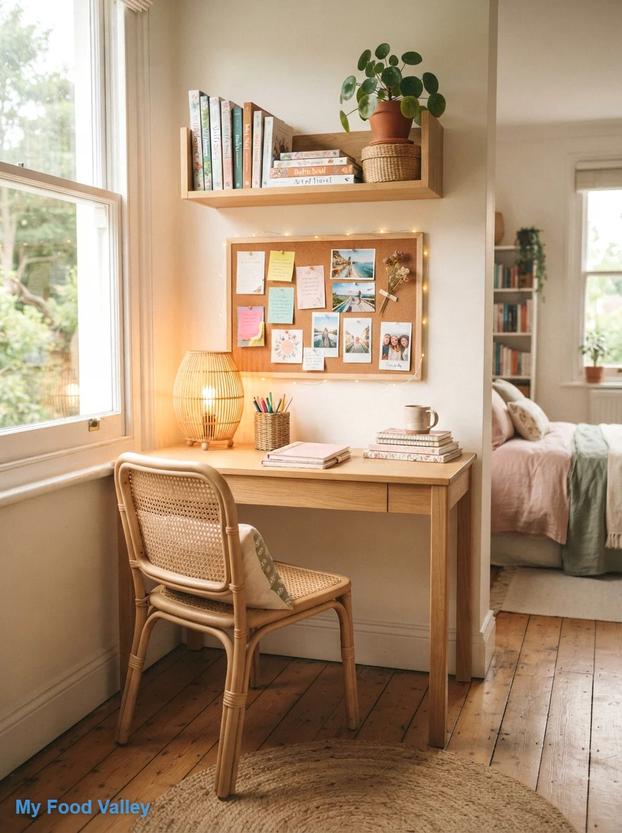 a boho study nook with a wood desk and rattan chair