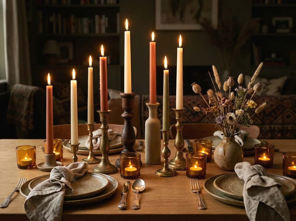 a candlelit table with mismatched brass candlesticks