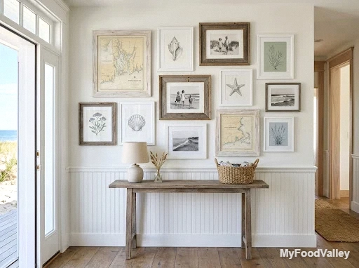 a coastal gallery wall with sketches and vintage maps