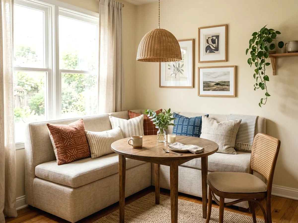 a cozy corner banquette nook