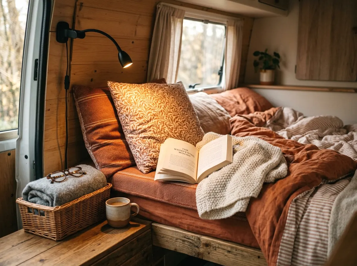 a cozy reading nook with cushions