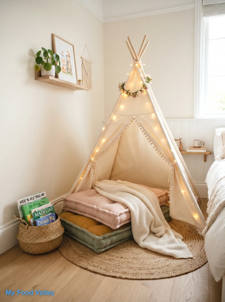 a cozy reading nook with floor cushions and a teepee