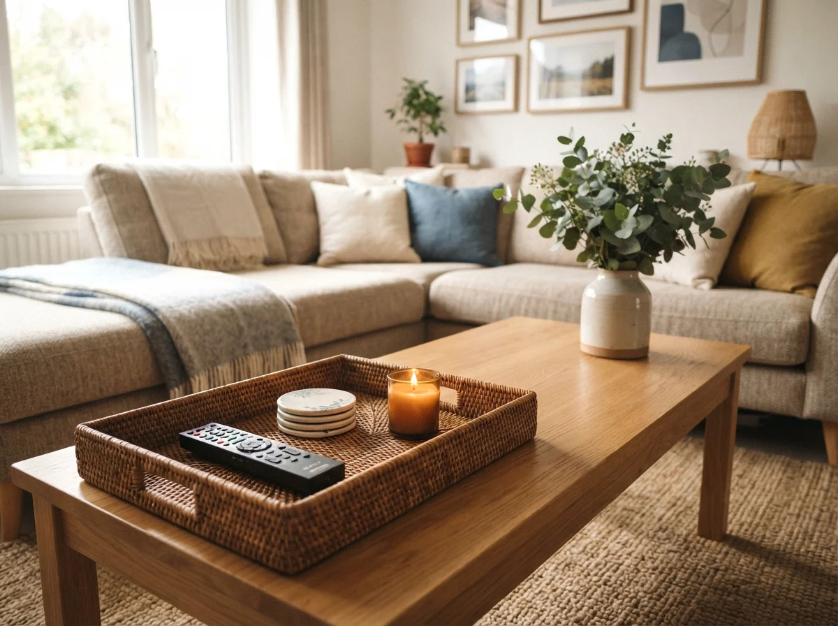 a decorative tray for remote and everyday items