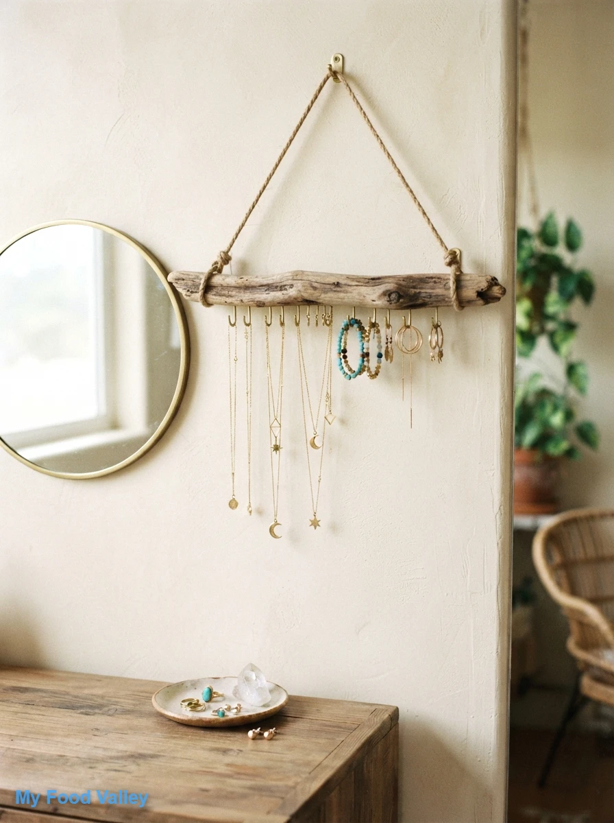 a driftwood jewelry hanger on the wall