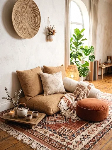 a floor cushion lounge for post-practice relaxation