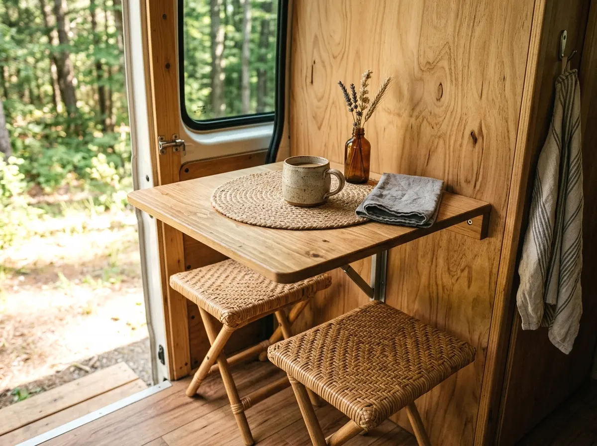a fold-down wooden table with mini rattan stools