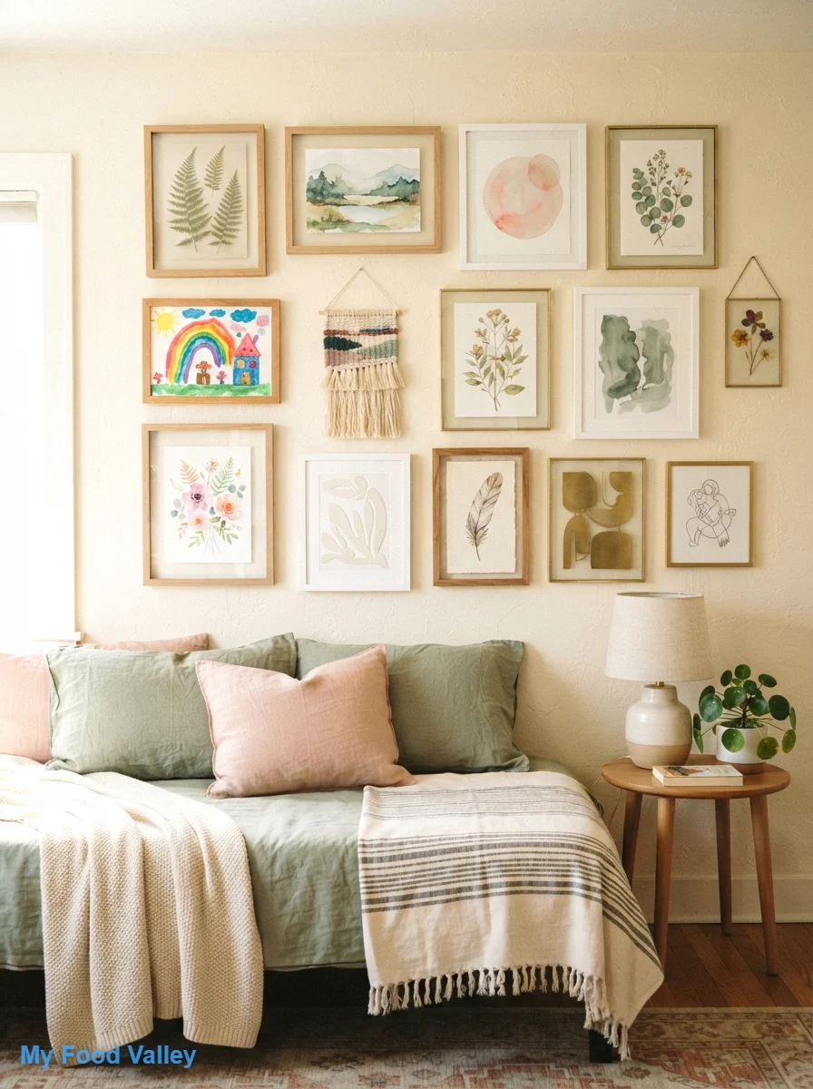 a gallery wall of art, prints, and her own drawings