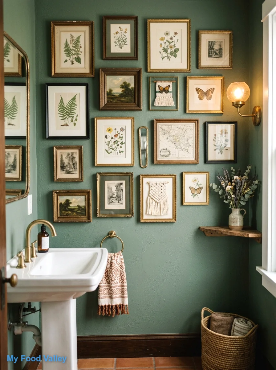a gallery wall of vintage art and botanical prints