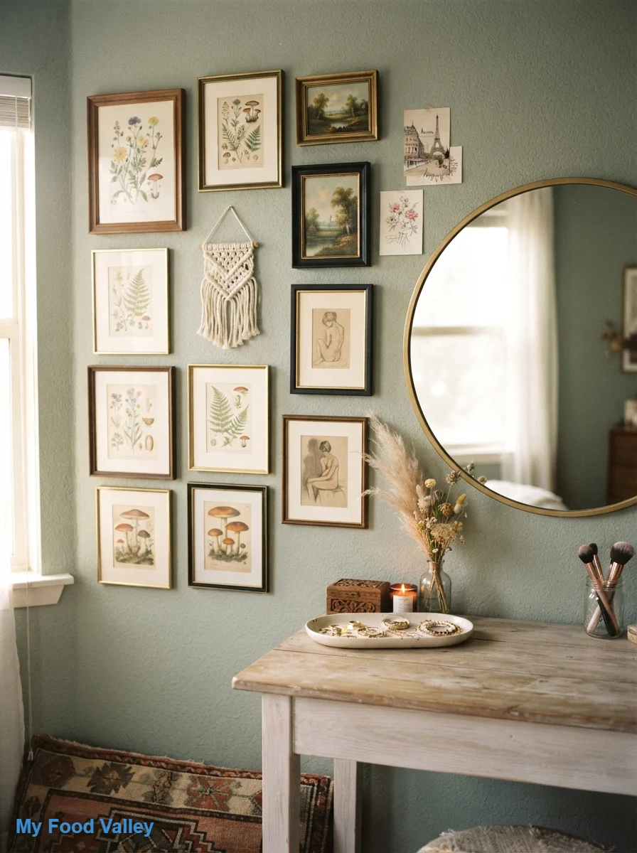 a gallery wall of vintage art beside the mirror