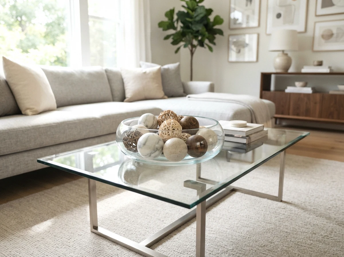 a glass bowl with decorative orbs