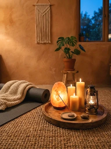 a glowing salt lamp and candle corner for evening rituals
