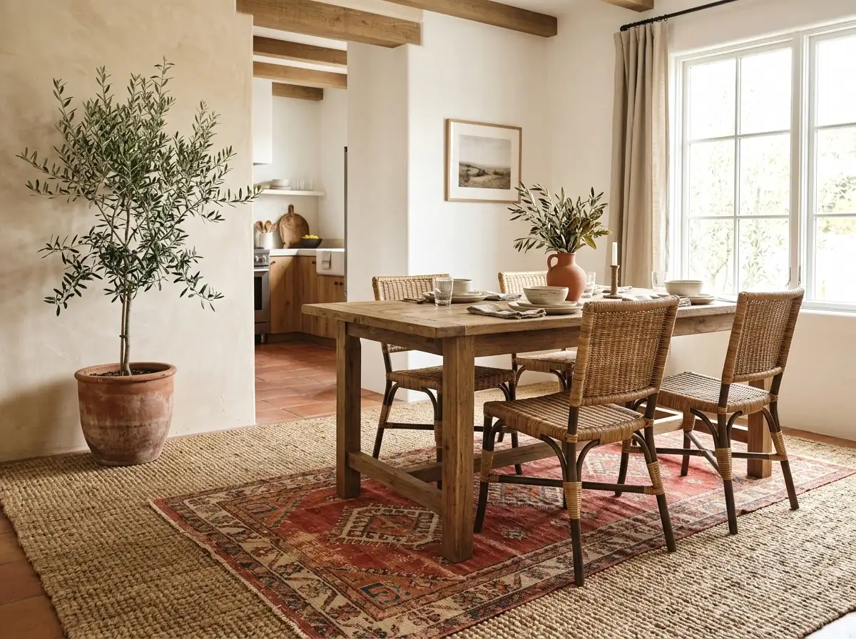 a layered jute rug under the table
