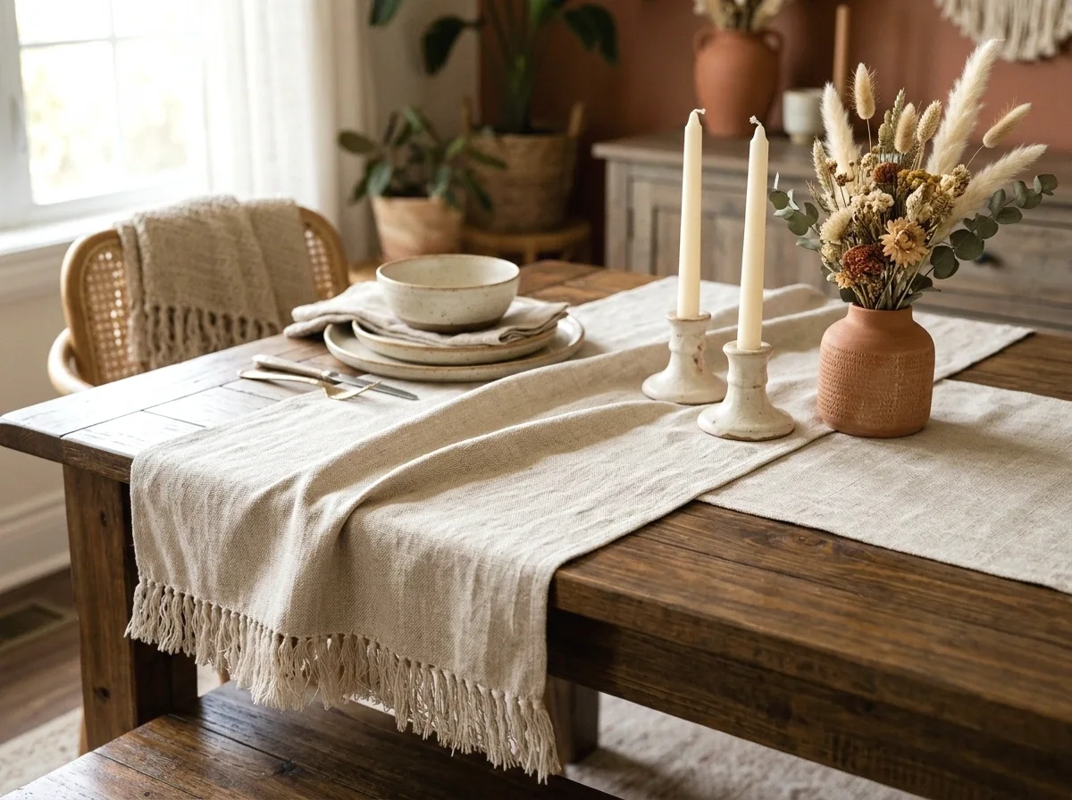 a linen table runner with fringe trim