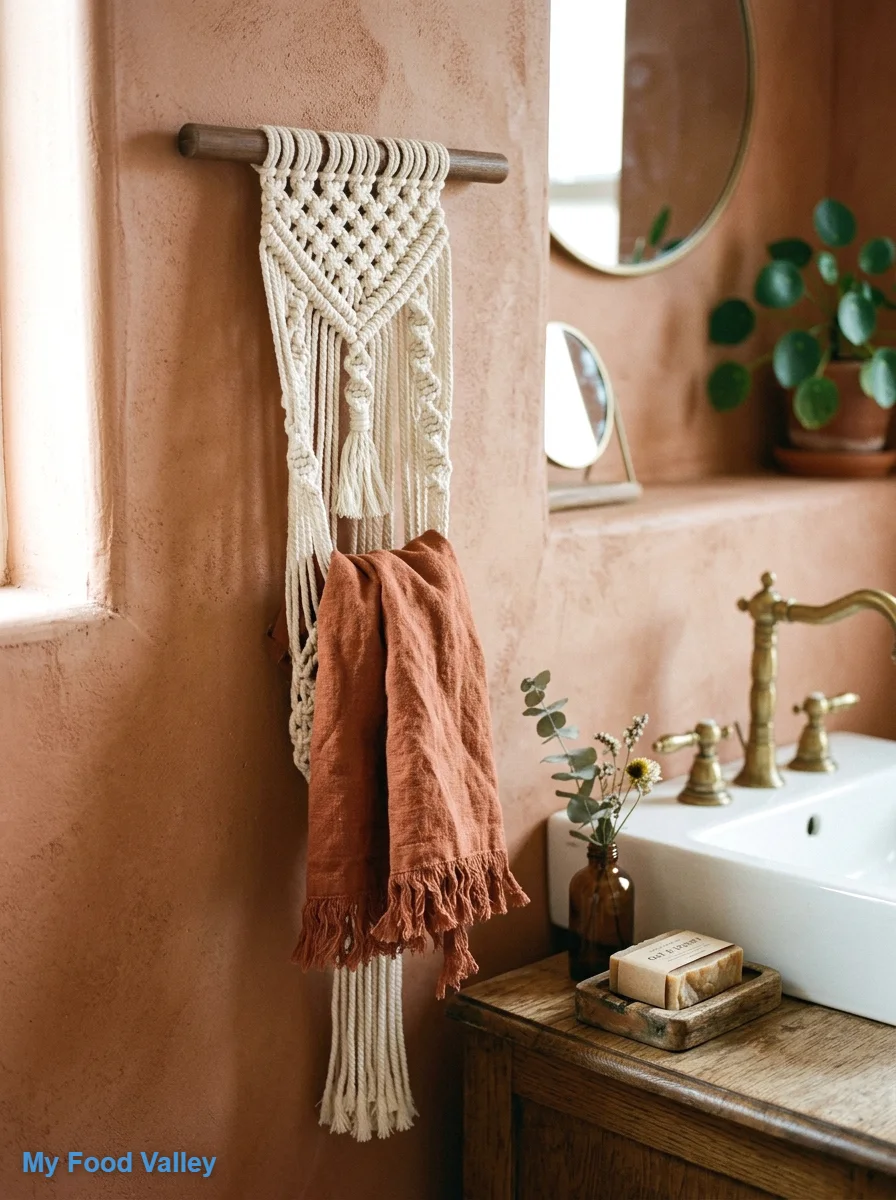 a macramé hand towel holder with fringed linen towels