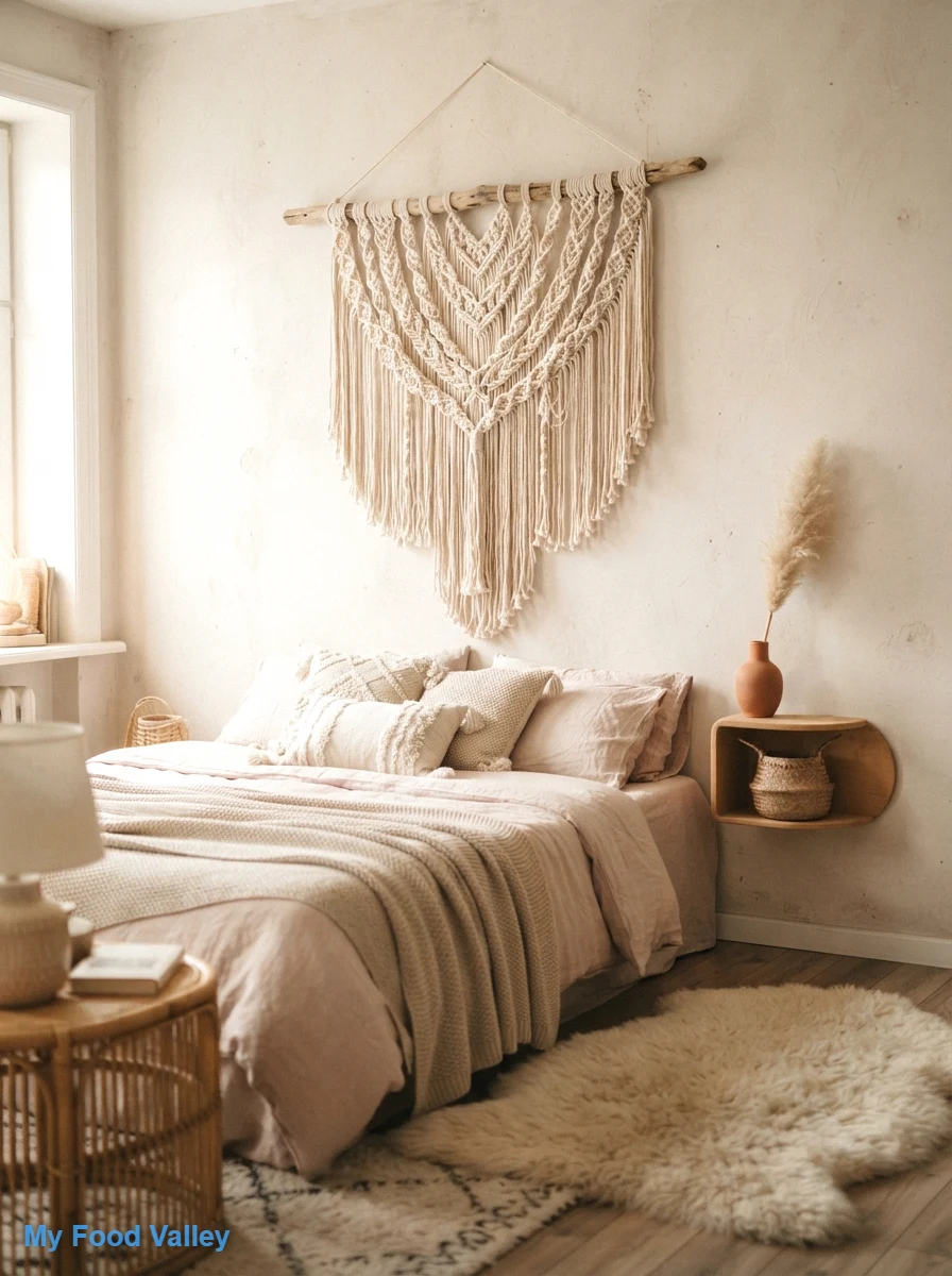 a macramé wall hanging above the bed