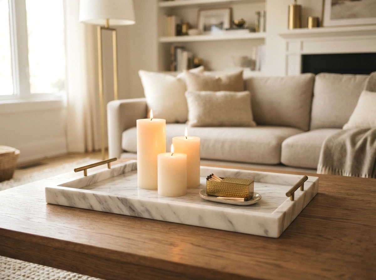 a marble tray with a candle cluster