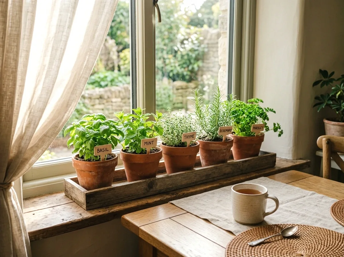 a mini herb garden on the windowsill or table