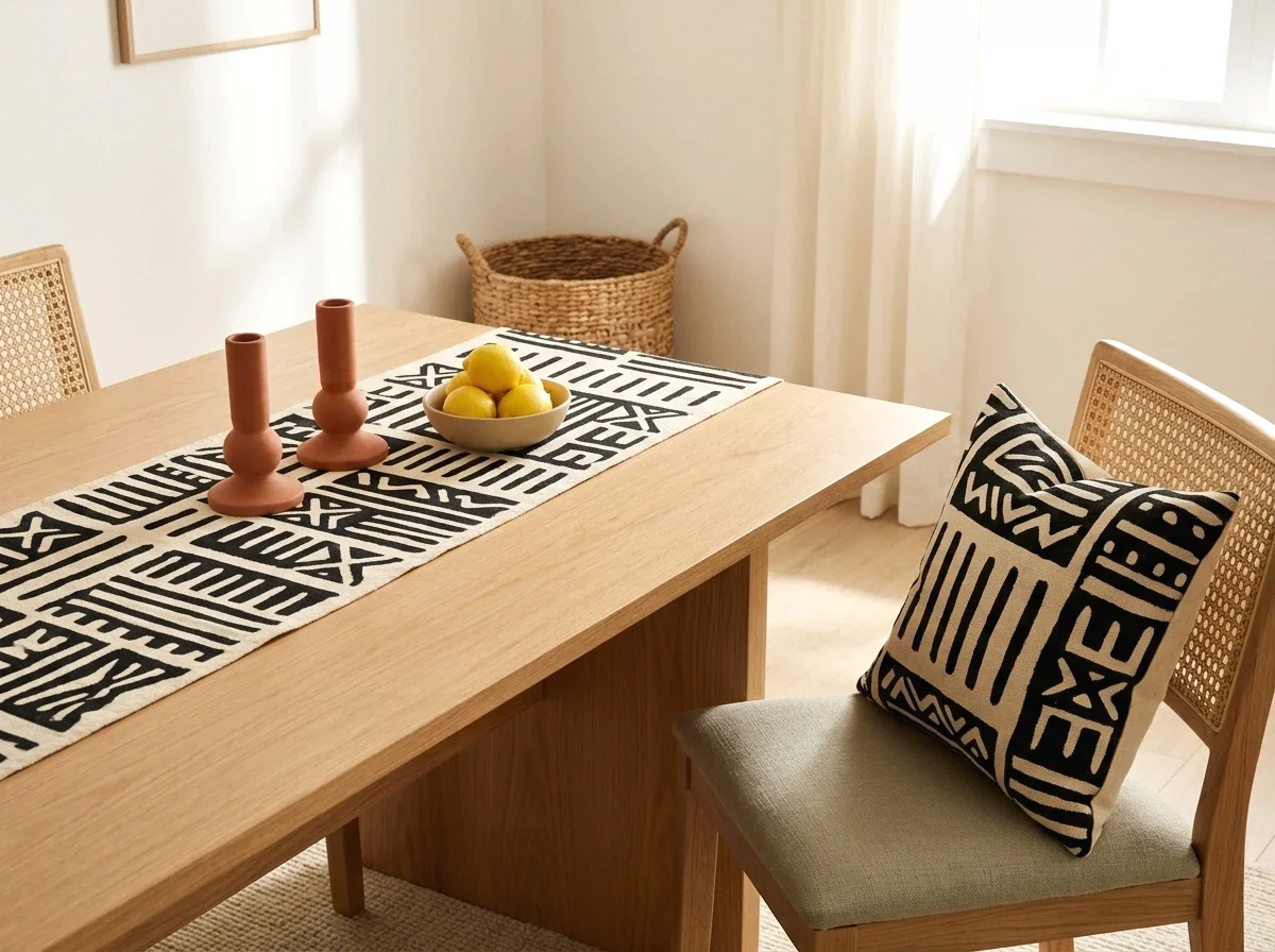 a mudcloth runner and pillow mix
