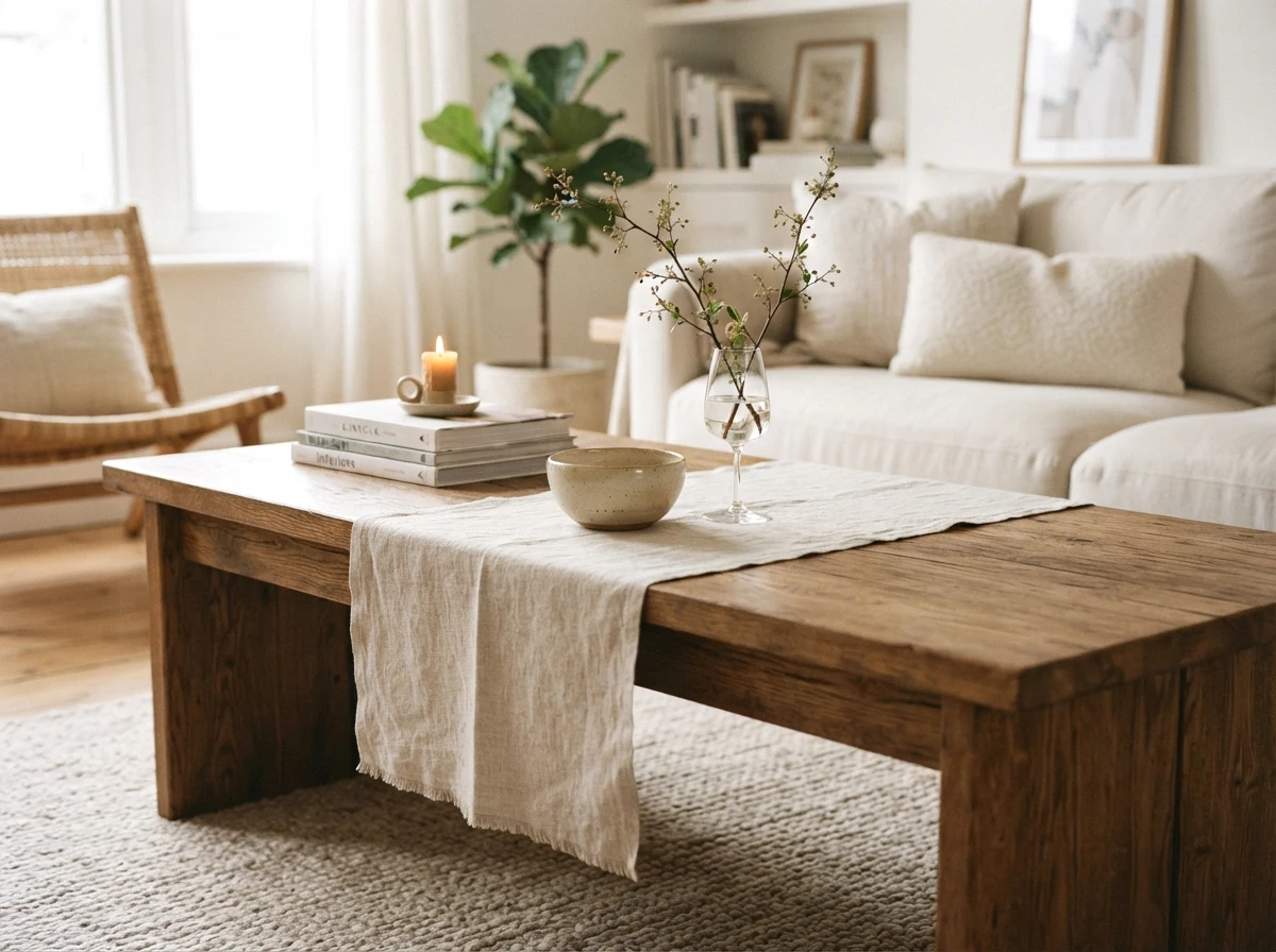 a neutral linen runner down the center