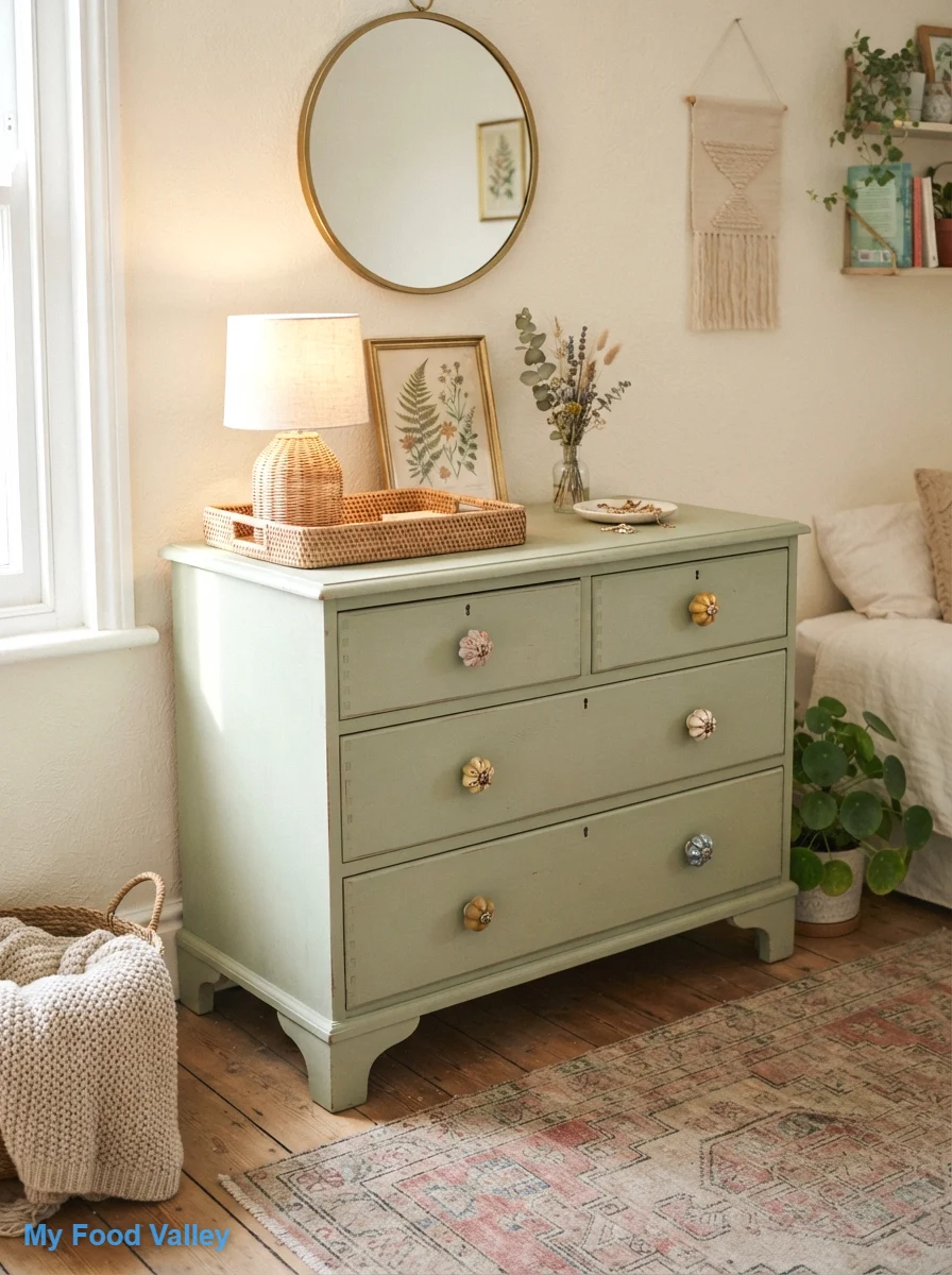 a painted vintage dresser with colorful knobs