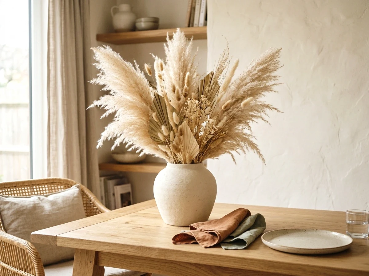 a pampas grass centerpiece in a ceramic vase